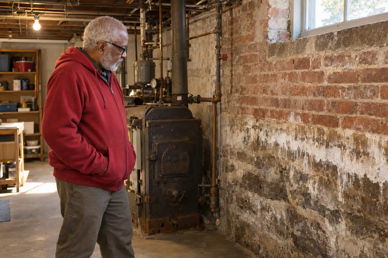 Illustrative scene: a Black man in his seventies in a red hoodie looking at an old water line on the brick wall beside the oil boiler in the basement of his 1920s house in Roanoke