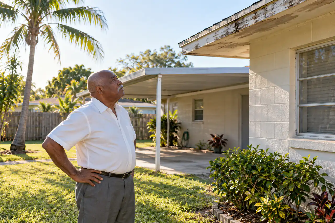Illustrative scene: a Black man in his seventies looking up at the weathered roof edge and old aluminum carport of his 1950s block ranch in Sarasota