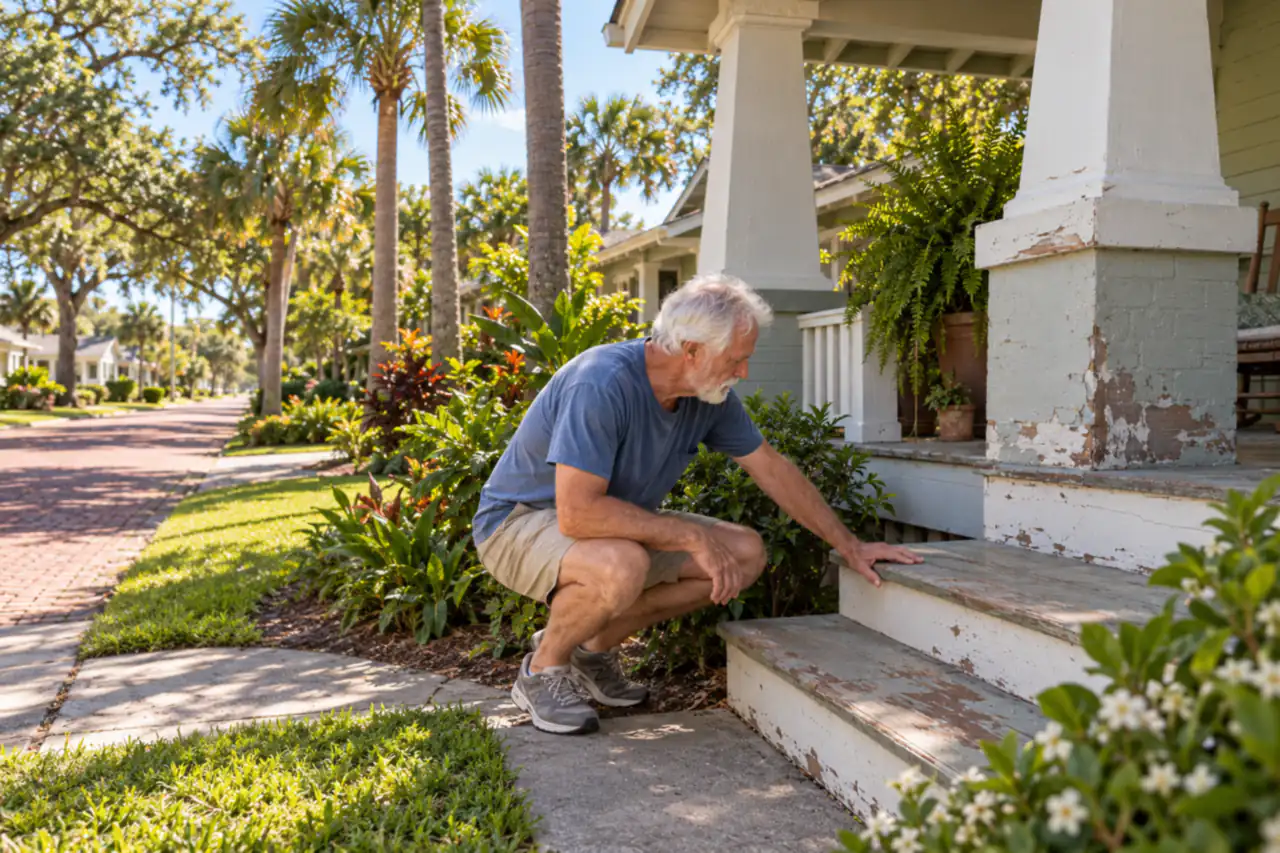 Illustrative scene: a white man in his seventies crouching to look at the worn, peeling wooden porch steps of his 1920s bungalow on a brick street in St. Petersburg