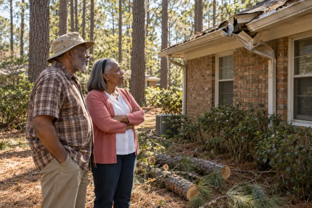 Illustrative scene: a Black couple in their seventies looking up at a crushed gutter beside the cut-up pine limb that fell on their brick ranch in Tallahassee