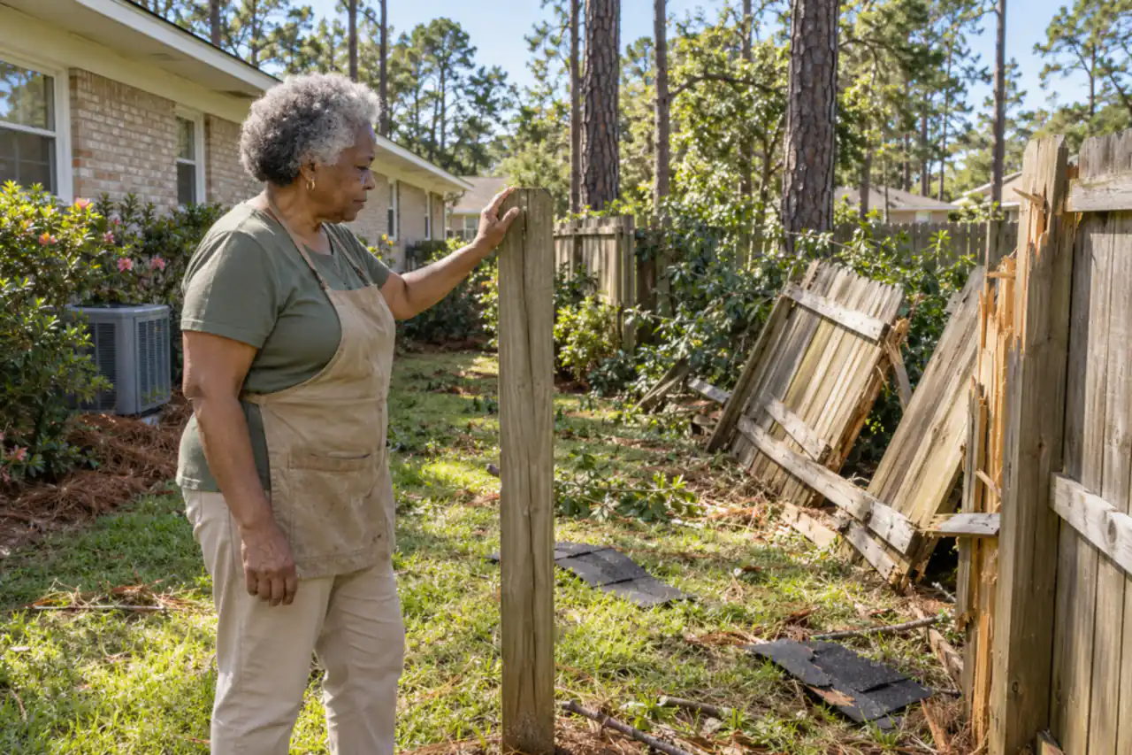 Illustrative scene: a Black woman in her seventies in a gardening apron looking at a section of wooden privacy fence blown over by a storm in the pine-shaded side yard of her Valdosta house