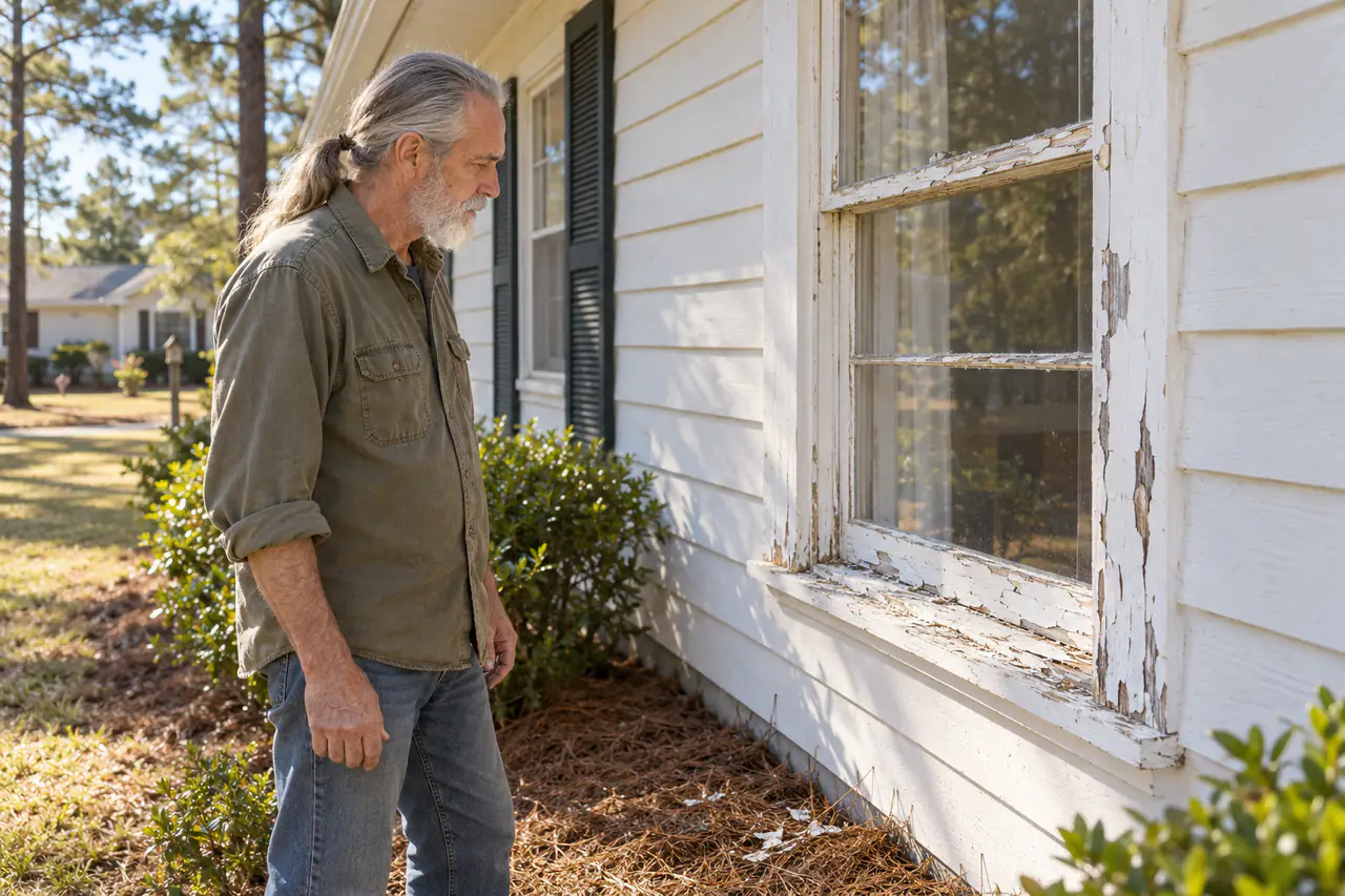 Illustrative scene: a tall white man in his seventies with a gray ponytail looking at the flaking paint and cracked glazing on an old wooden window of his 1950s ranch house in Warner Robins