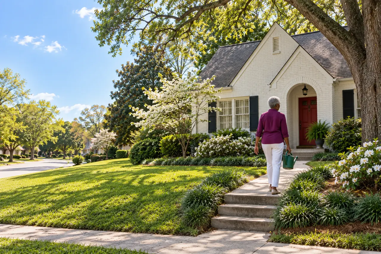 Illustrative scene: a Black woman in her late sixties carrying a watering can up the front walk of her 1940s white-painted brick cottage under big oaks in Athens, Georgia