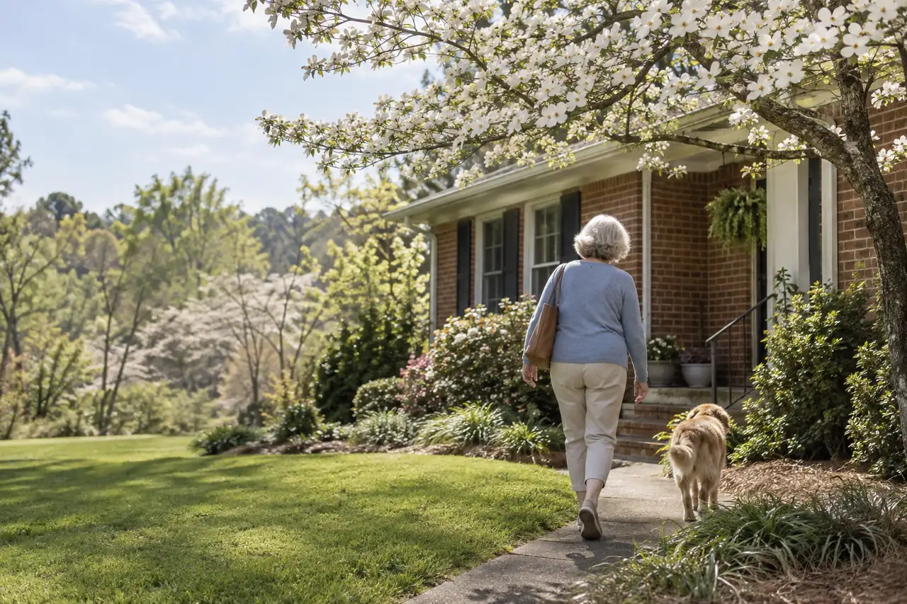 Illustrative scene: an older woman walking up the front path of her brick ranch house in spring, with her dog.