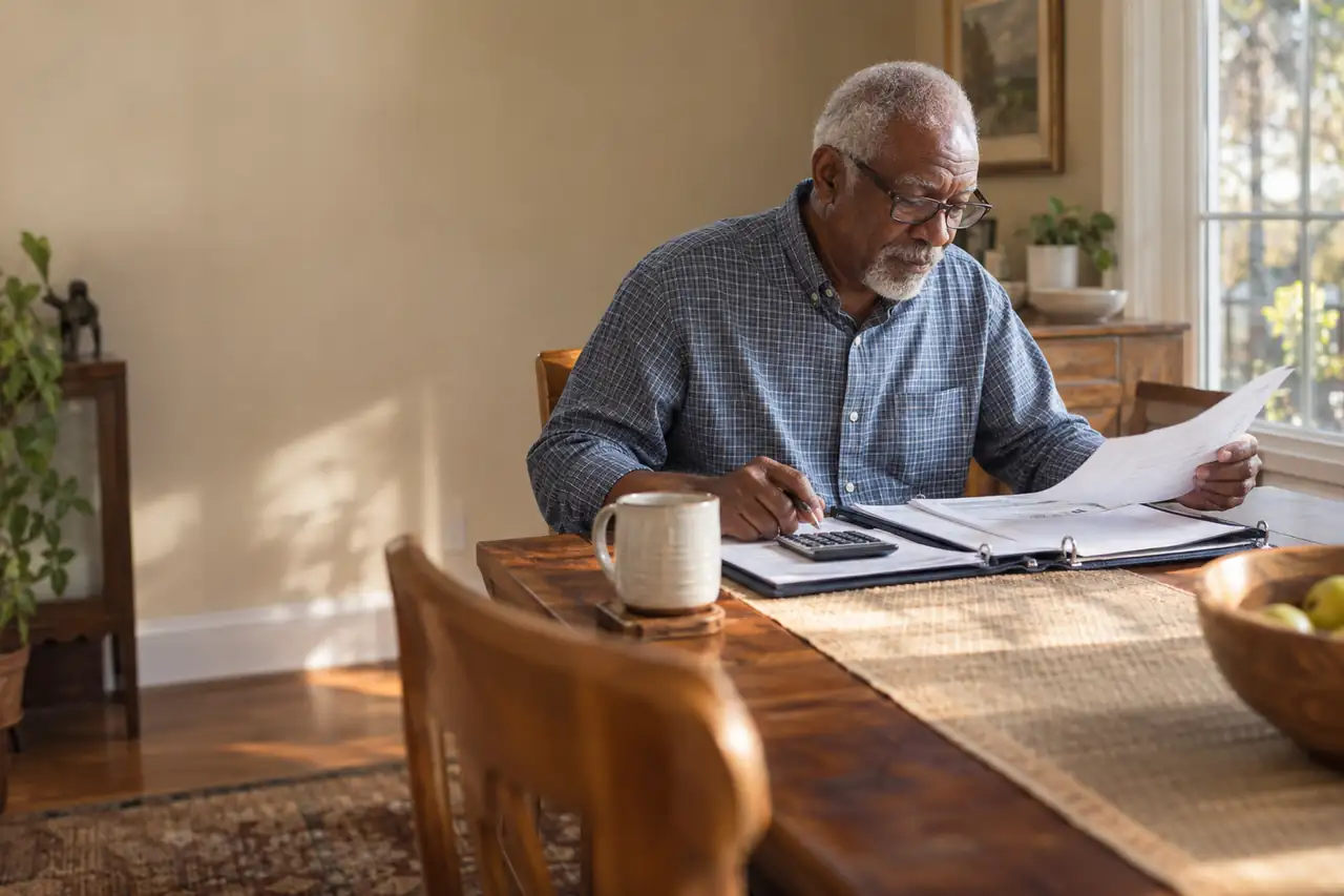 Illustrative scene: an older man with reading glasses comparing papers with a calculator at his dining table.