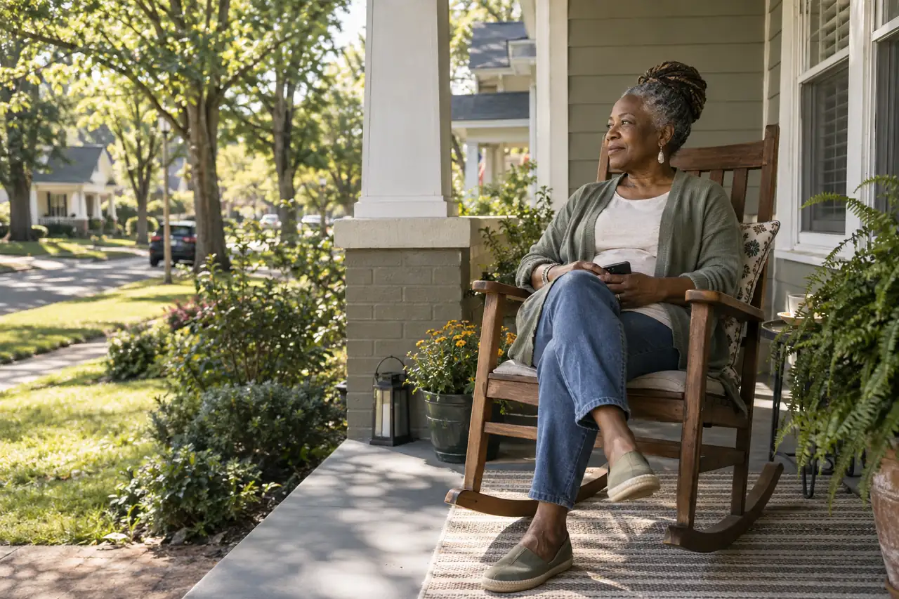 Illustrative scene: an older woman in a rocking chair on the porch of her Craftsman bungalow.