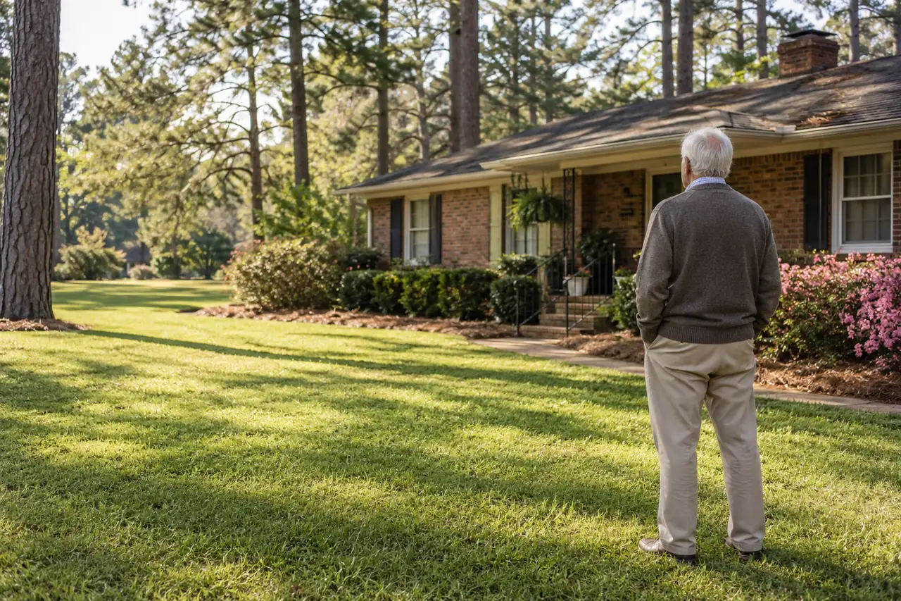 Illustrative scene: an older man in the front yard of his brick ranch house under tall pines.