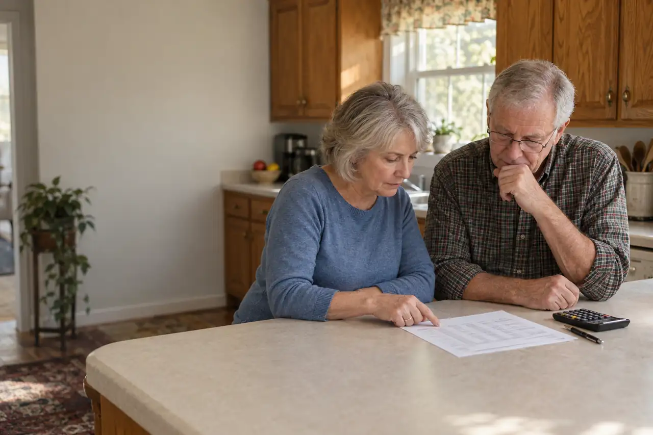 Illustrative scene: an older couple at a kitchen counter looking over a sheet of figures with a calculator.