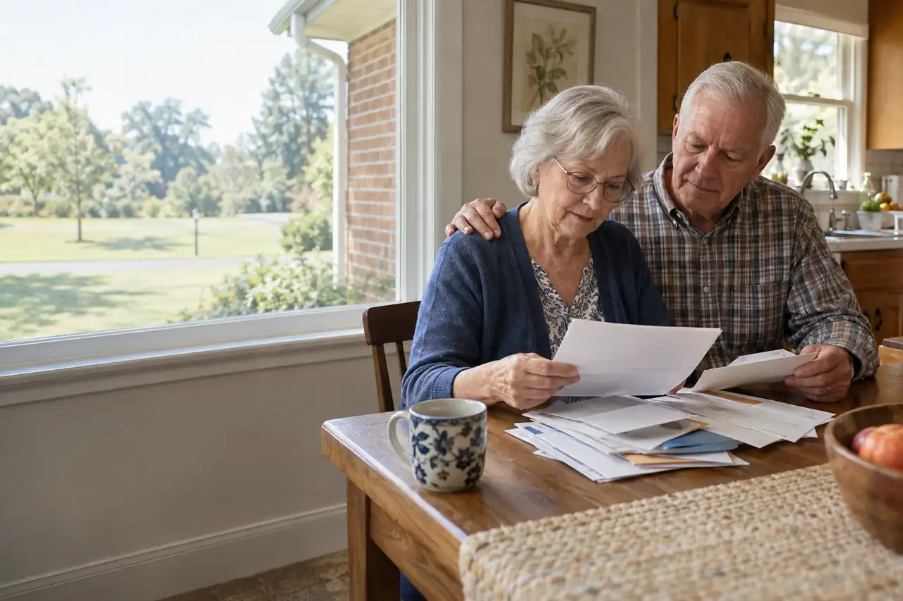 Illustrative scene: an older couple at their kitchen table going through a stack of mail together.
