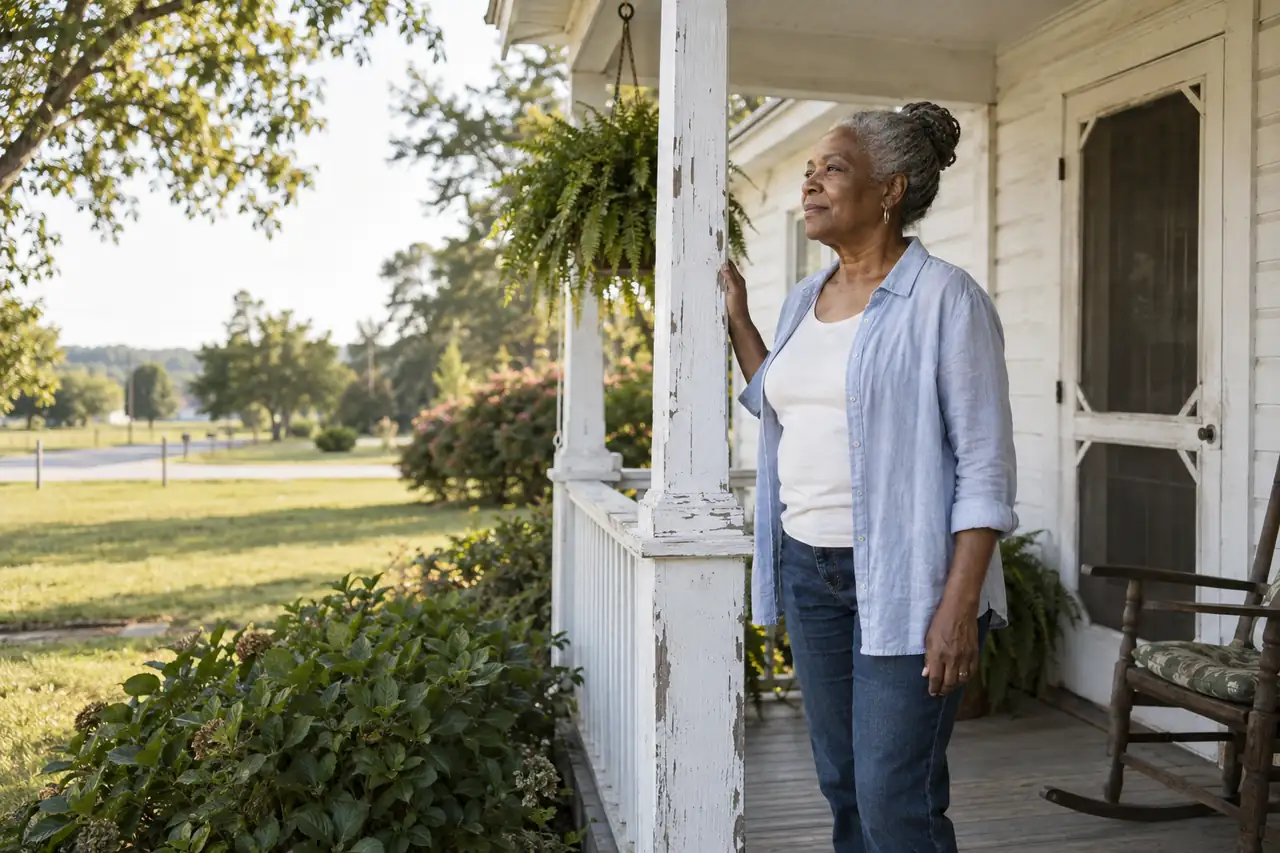 Illustrative scene: an older woman on the front porch of her white frame house with worn porch paint.