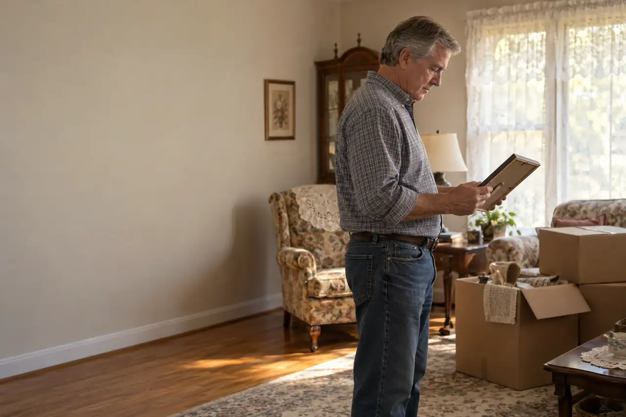 Illustrative scene: a man standing in a tidy older living room among packed moving boxes, holding a framed photo.