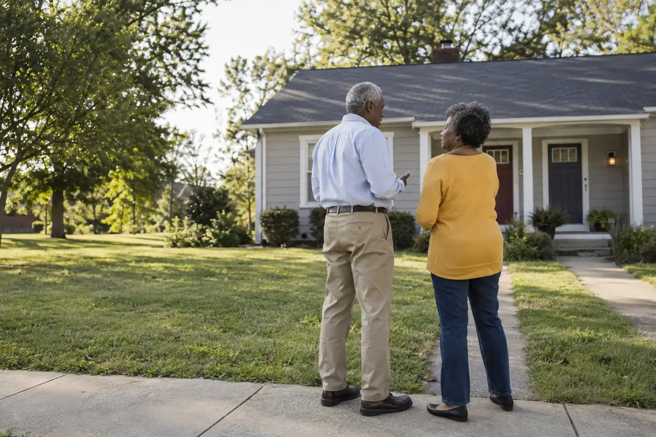 Illustrative scene: an older couple on the sidewalk in front of a modest one-story duplex.