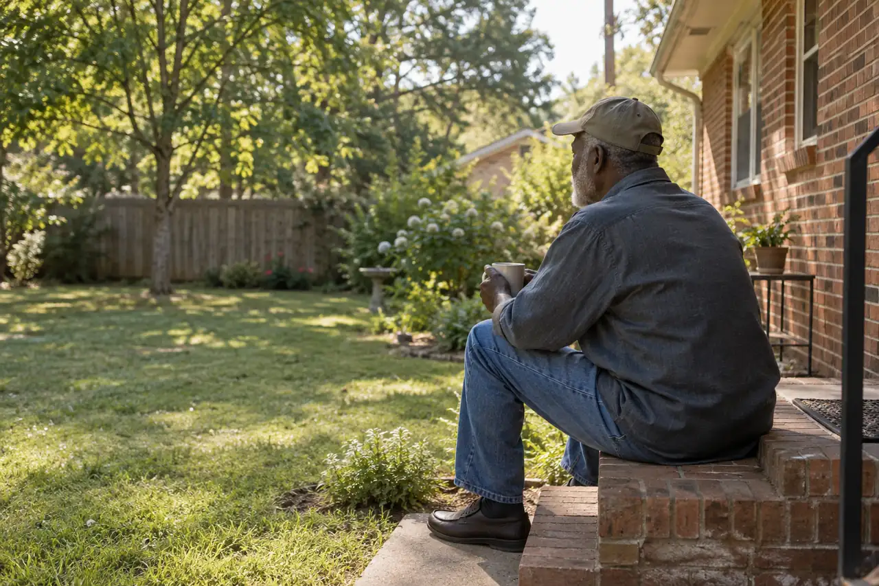 Illustrative scene: an older man sitting on the back steps of his brick ranch house with a coffee mug, looking out over the yard.
