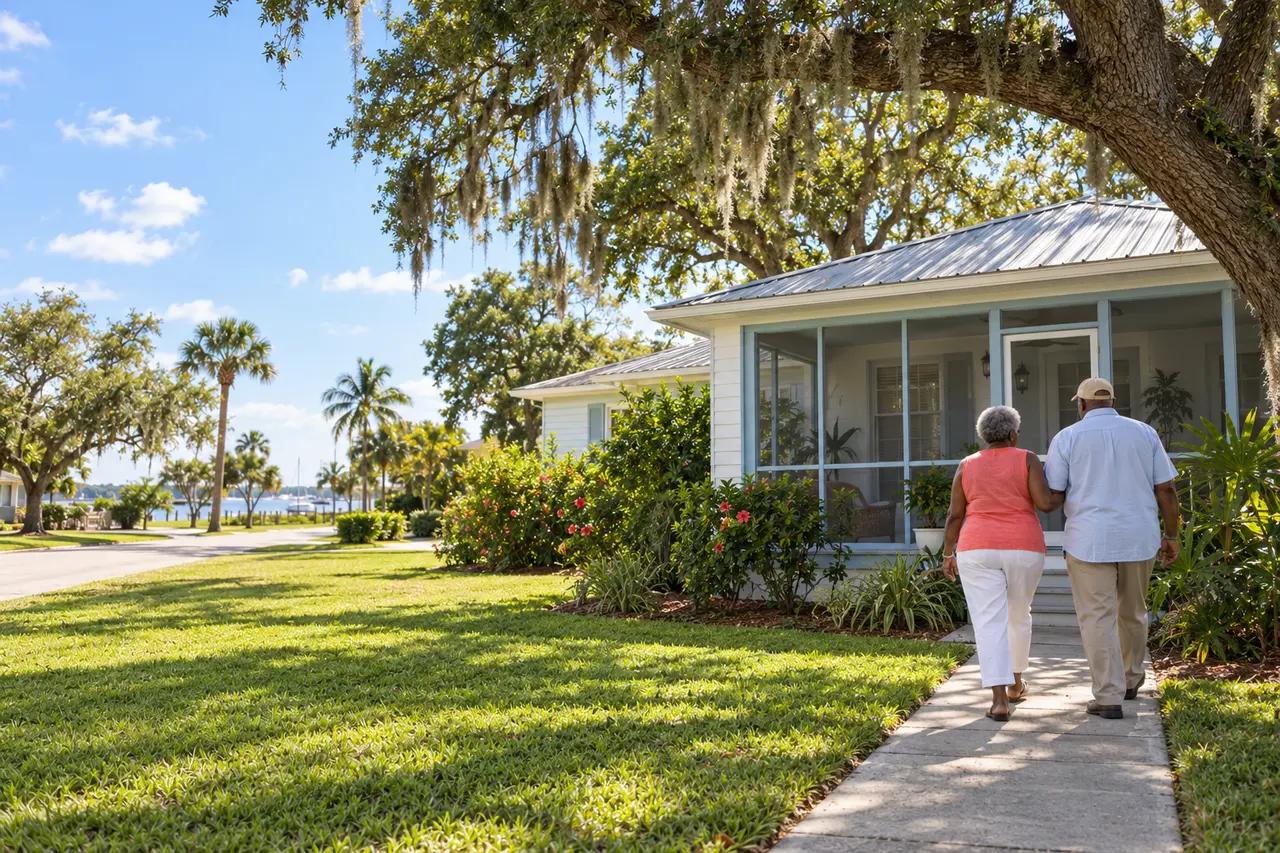 Illustrative scene: a Black couple in their late sixties walking arm in arm up the front walk of their 1950s white frame cottage with a screened porch under a live oak in Bradenton, Florida
