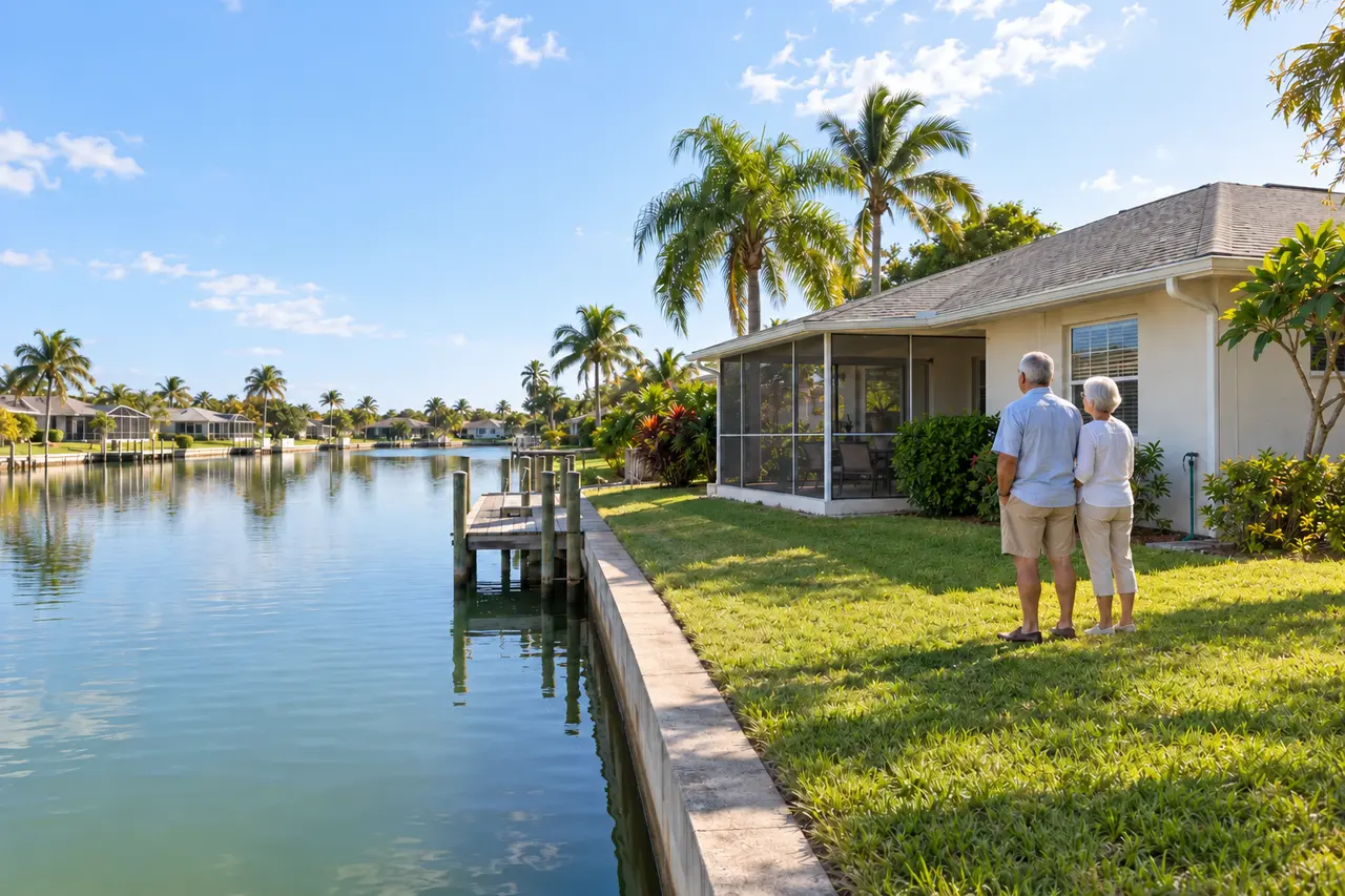 Illustrative scene: a white couple in their seventies on the lawn by the seawall behind their 1970s stucco home on a canal in Cape Coral, Florida