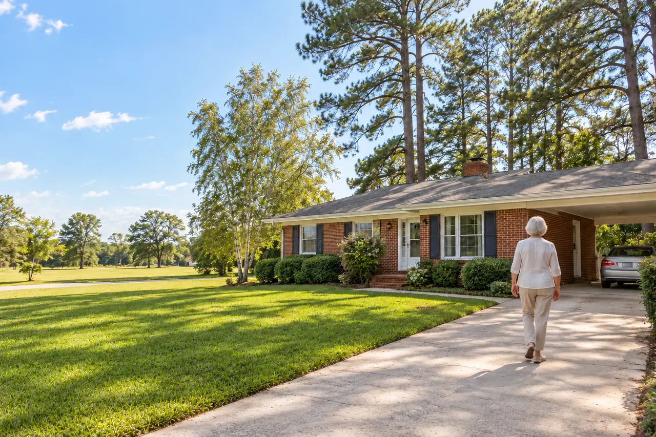 Illustrative scene: a white woman in her seventies walking up the driveway of her 1960s brick ranch under tall pines in Chesapeake, Virginia