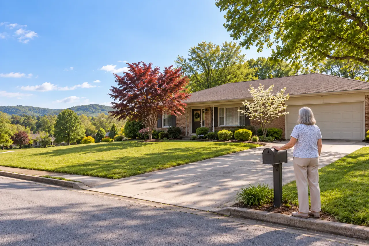 Illustrative scene: a white woman in her late sixties at the mailbox of her 1970s brick ranch in Clarksville, Tennessee