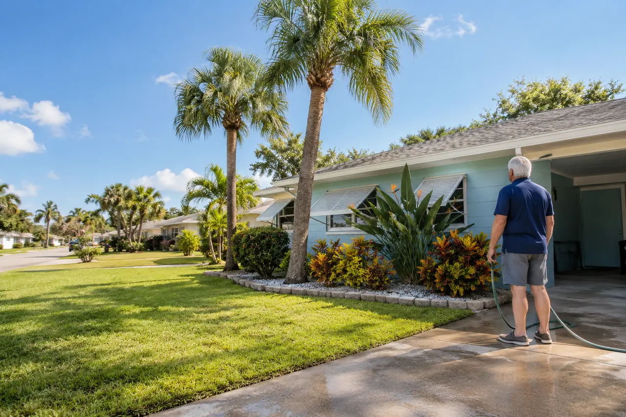 Illustrative scene: a white man in his seventies with a garden hose on the driveway of his 1960s pale-blue concrete-block ranch in Clearwater, Florida