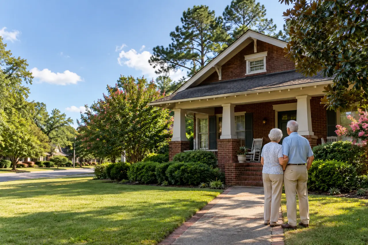 Illustrative scene: a white couple in their late sixties on the front walk of their 1920s red-brick bungalow in Columbus, Georgia