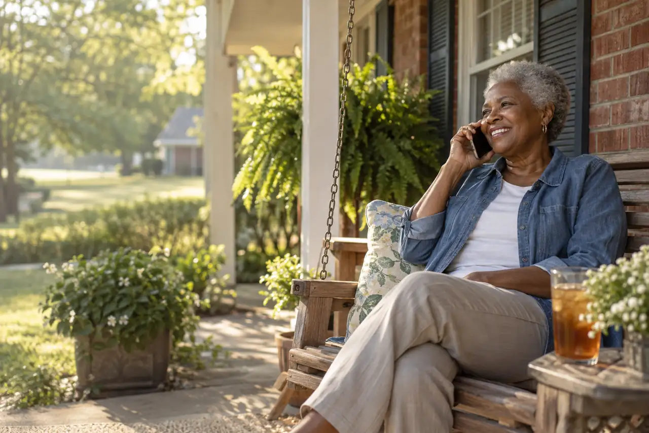 Illustrative scene: an older woman on the porch swing of her brick house, smiling as she talks on the phone.