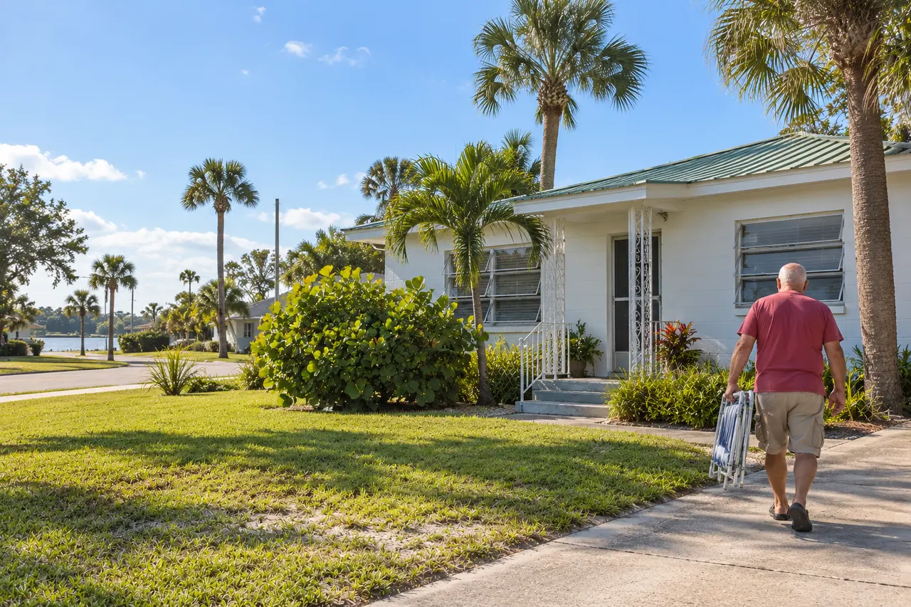 Illustrative scene: a white man in his seventies carrying a folded lawn chair up the driveway of his 1950s white concrete-block house with a green metal roof in Daytona Beach, Florida
