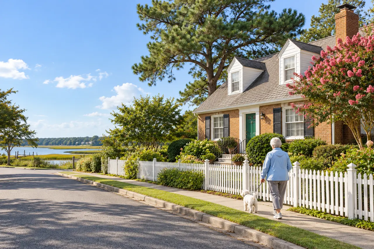 Illustrative scene: a white woman in her seventies walking her small dog along the picket fence of her 1950s brick Cape Cod near a tidal creek in Hampton, Virginia