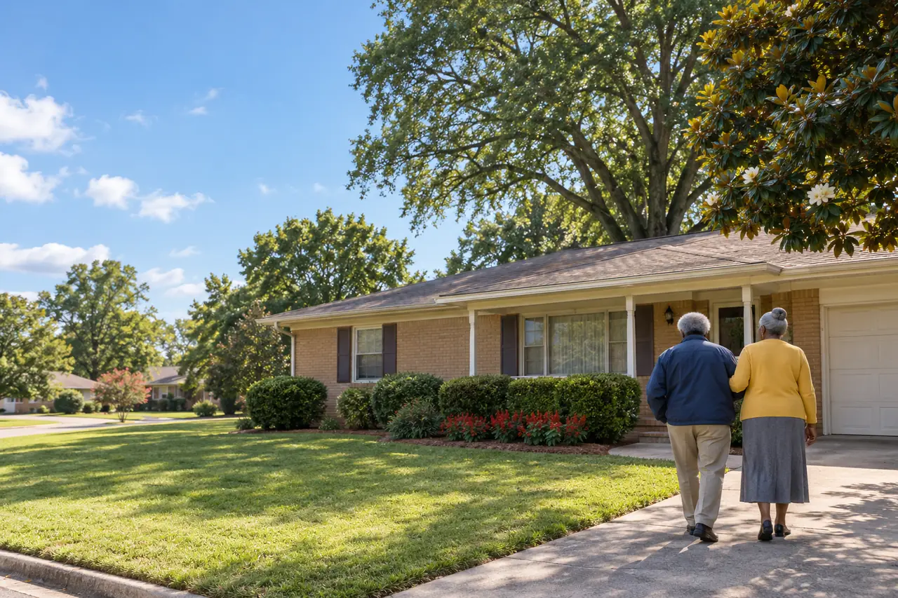 Illustrative scene: a Black couple in their seventies walking arm in arm up the driveway of their 1960s tan-brick ranch house under a big oak and a magnolia in Jackson, Tennessee
