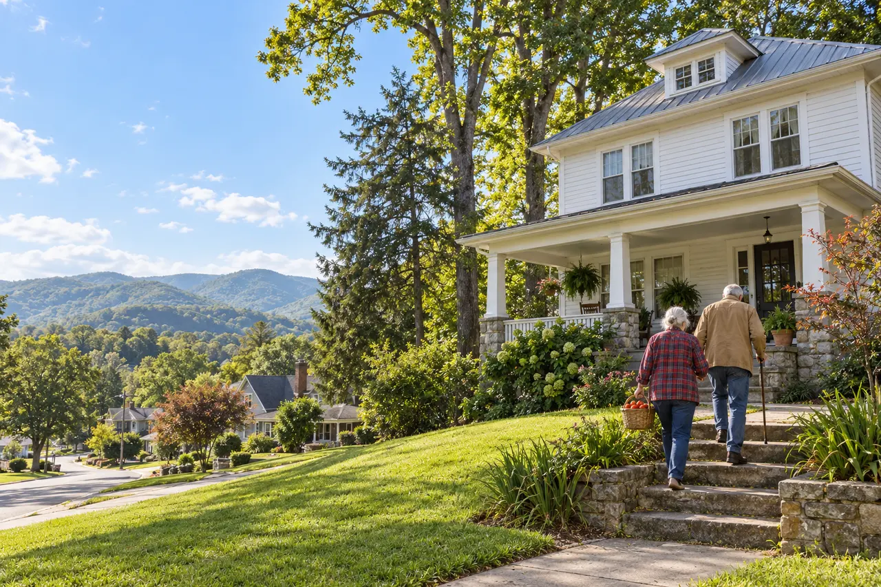 Illustrative scene: a white couple in their seventies climbing the stone steps to the porch of their 1930s white foursquare house below the mountains in Johnson City, Tennessee
