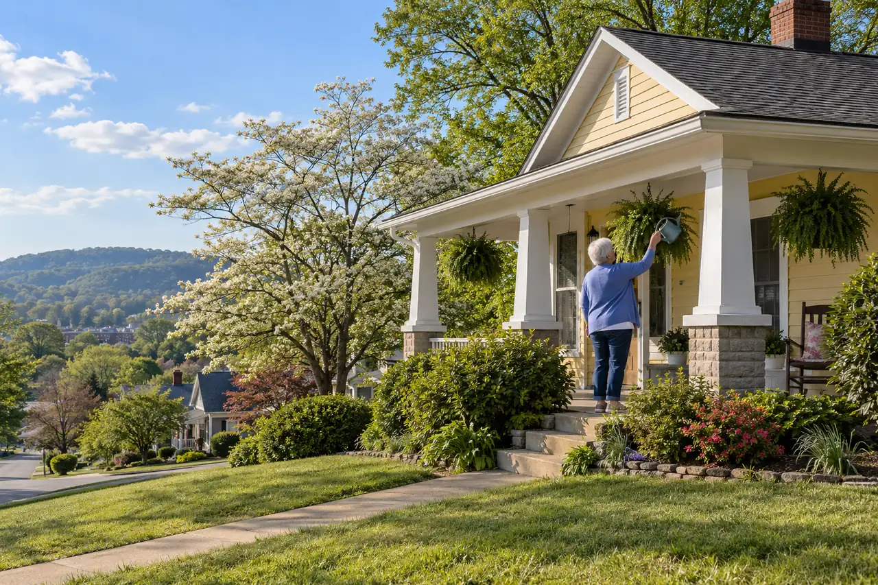 Illustrative scene: a white woman in her seventies in a periwinkle cardigan watering a hanging fern on the front porch of her 1940s yellow clapboard bungalow in Kingsport, Tennessee, wooded ridges beyond