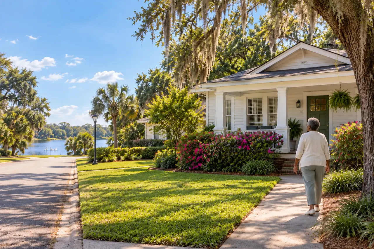 Illustrative scene: a Black woman in her late sixties on the front walk of her 1930s bungalow under mossy oaks near a lake in Lakeland, Florida