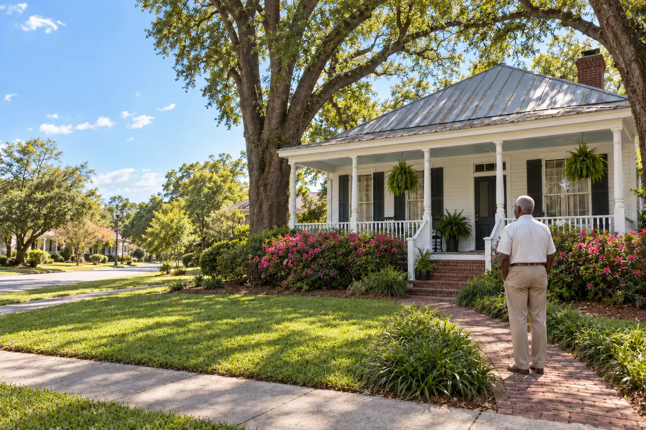 Illustrative scene: a Black man in his seventies on the brick walk of his early-1900s white cottage under big oaks in Macon, Georgia