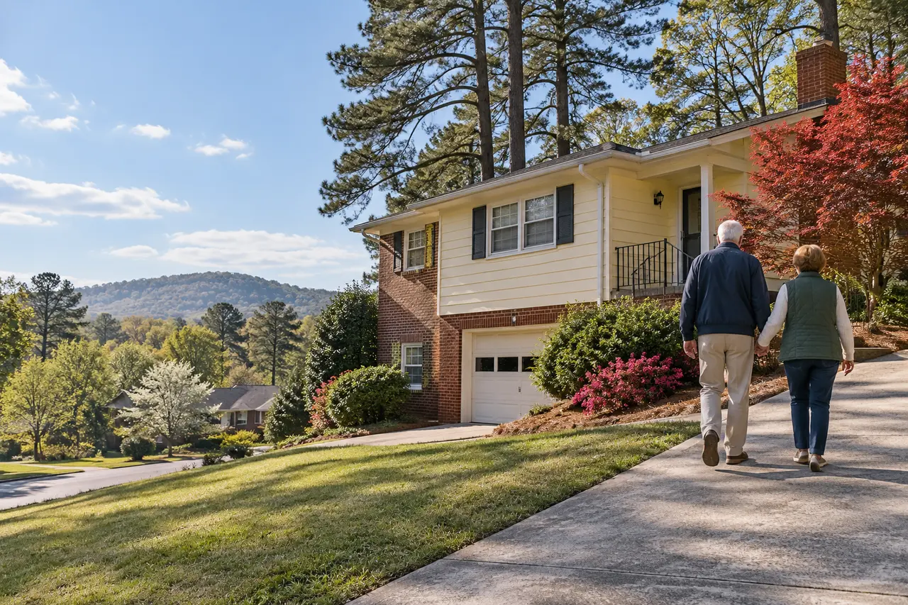 Illustrative scene: a white couple in their late sixties walking hand in hand up the driveway of their 1960s split-level under tall pines in Marietta, Georgia