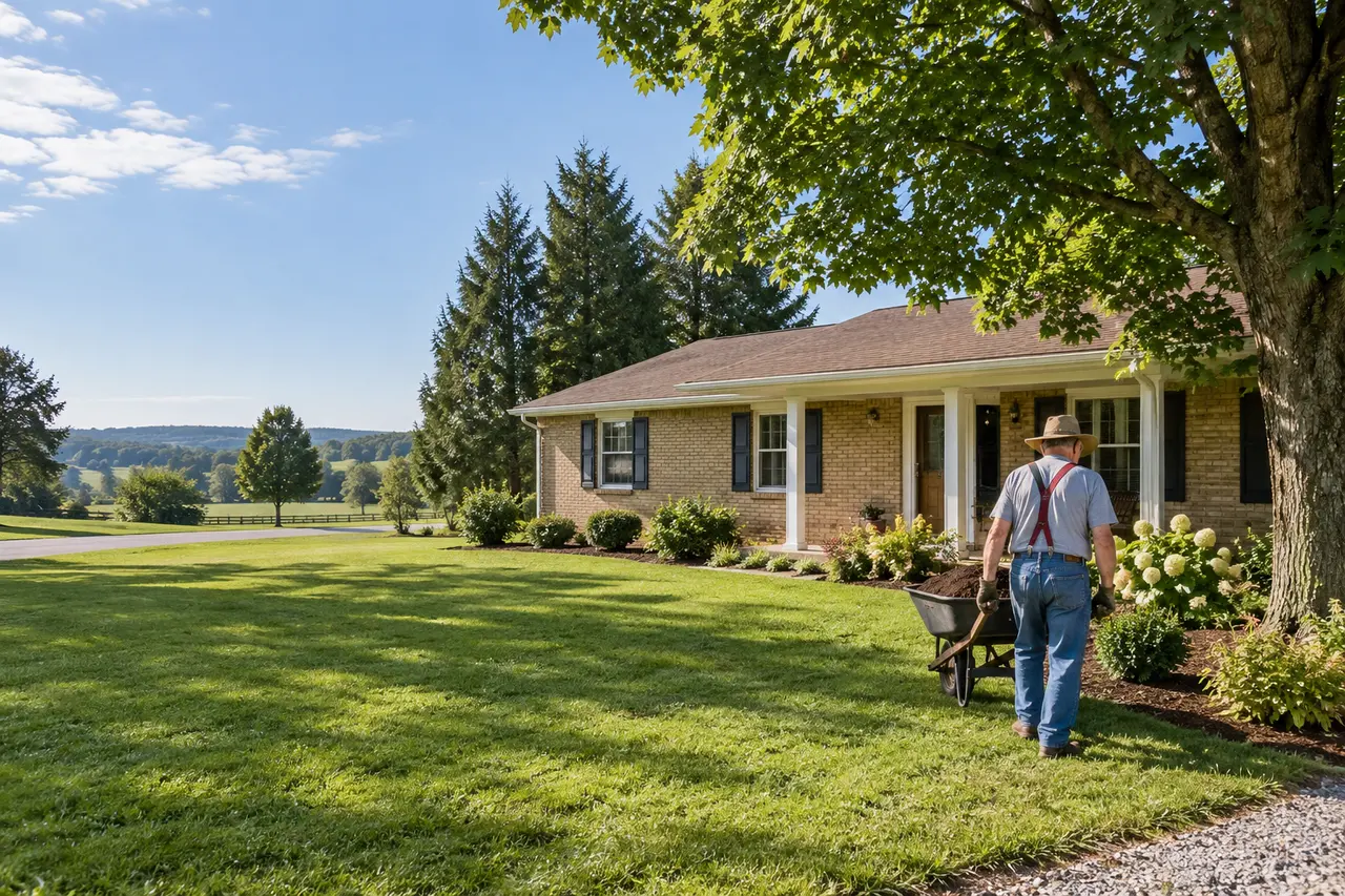 Illustrative scene: a white man in his seventies in a canvas hat pushing a wheelbarrow of mulch across the lawn of his 1960s tan brick ranch in Murfreesboro, Tennessee