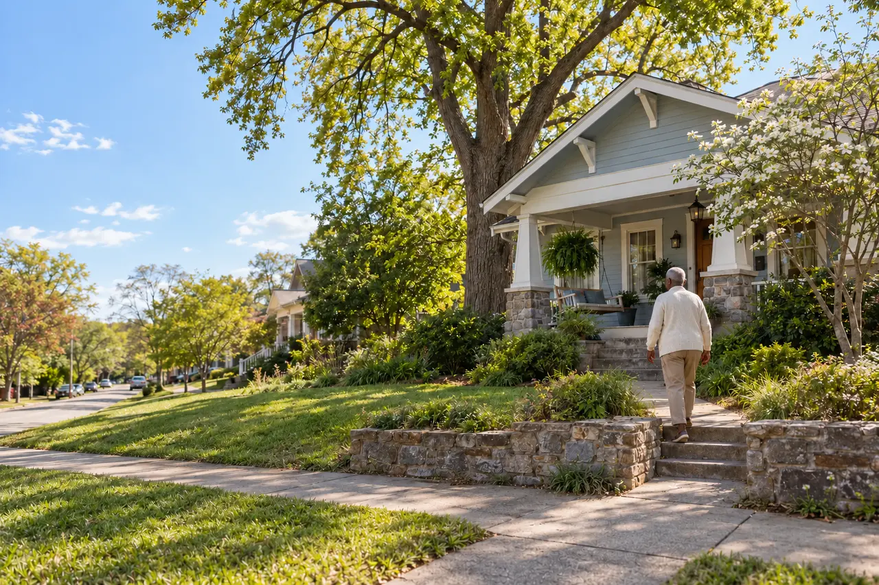 Illustrative scene: a Black man in his seventies on the front walk of his 1920s Craftsman bungalow in East Nashville, Tennessee