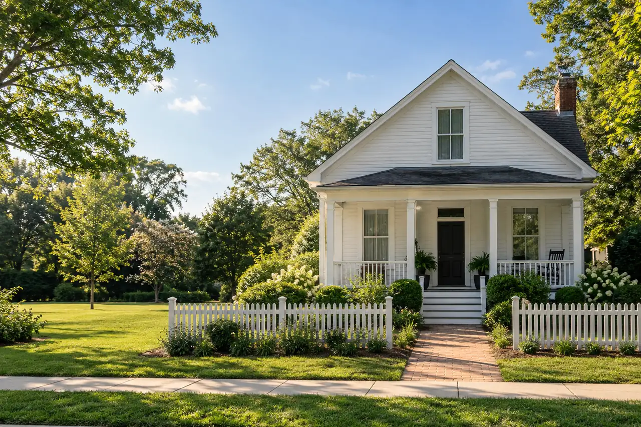 Illustrative scene: a 1910s small white farmhouse cottage with a front porch and a white picket fence in historic downtown Apex, North Carolina