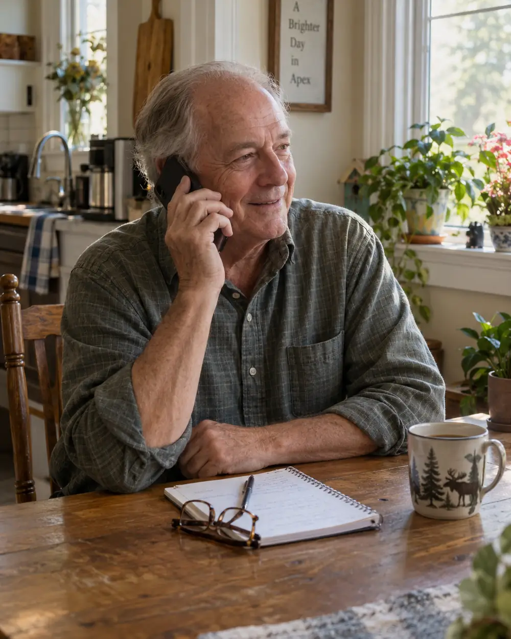 Illustrative scene: a white man in his seventies on the phone at the kitchen table at home in Apex, North Carolina