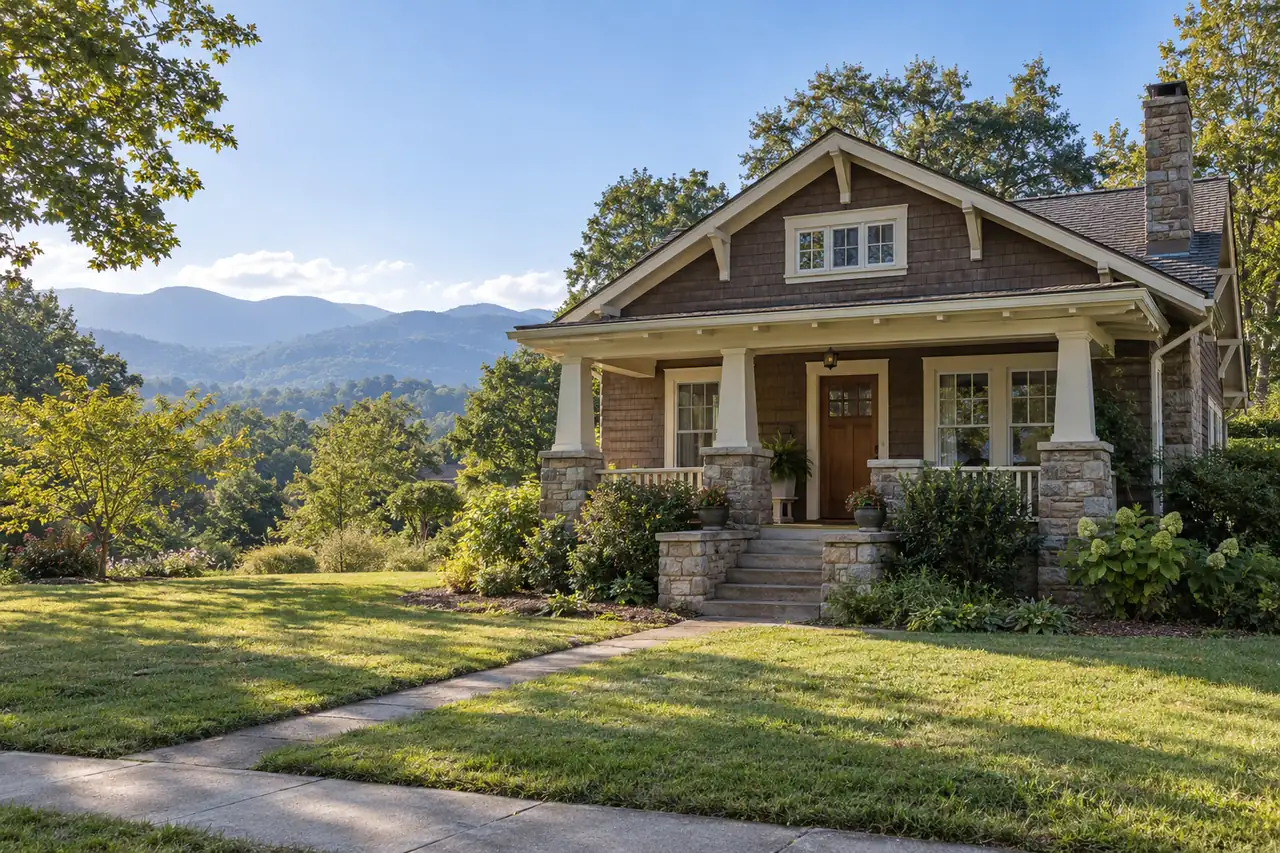 Illustrative scene: a 1920s Craftsman bungalow with stone porch piers and brown shingle siding, Blue Ridge mountains soft in the distance, in Asheville, North Carolina