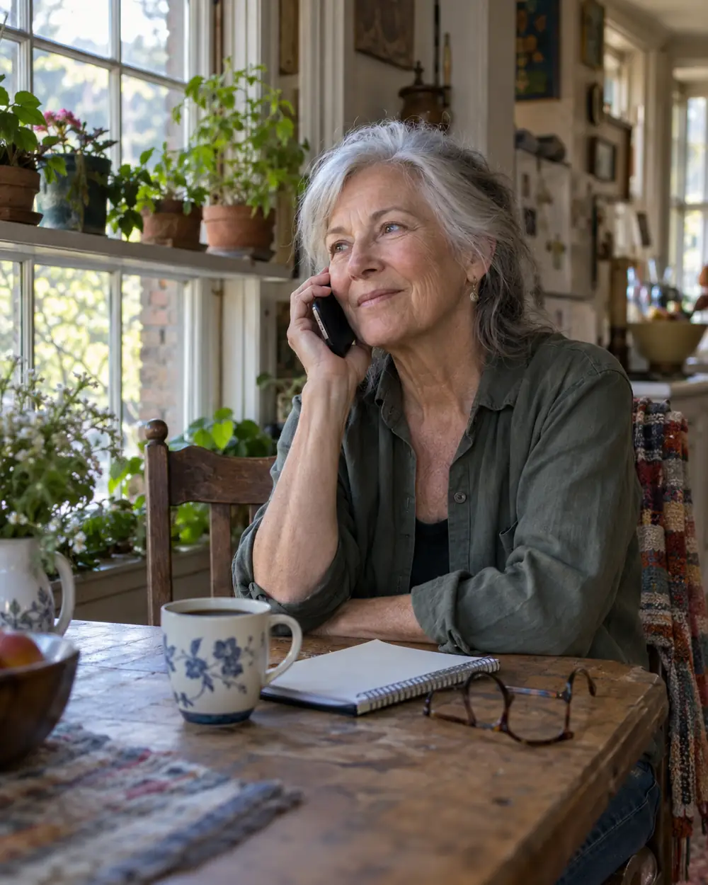 Illustrative scene: a white woman in her seventies on the phone at the kitchen table at home in Asheville, North Carolina