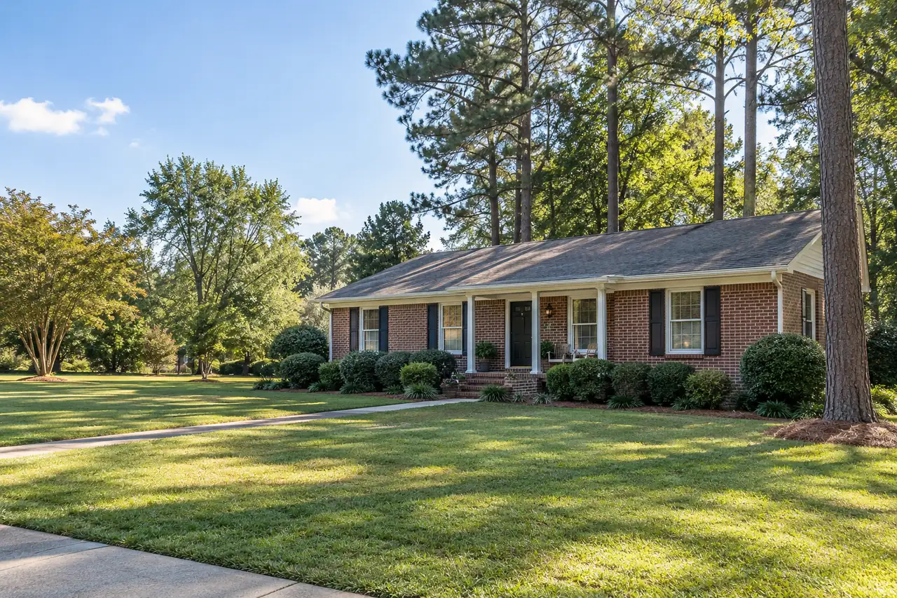 Illustrative scene: a 1980s single-story brick ranch house with a small front porch, tall loblolly pines and a tidy lawn in Cary, North Carolina