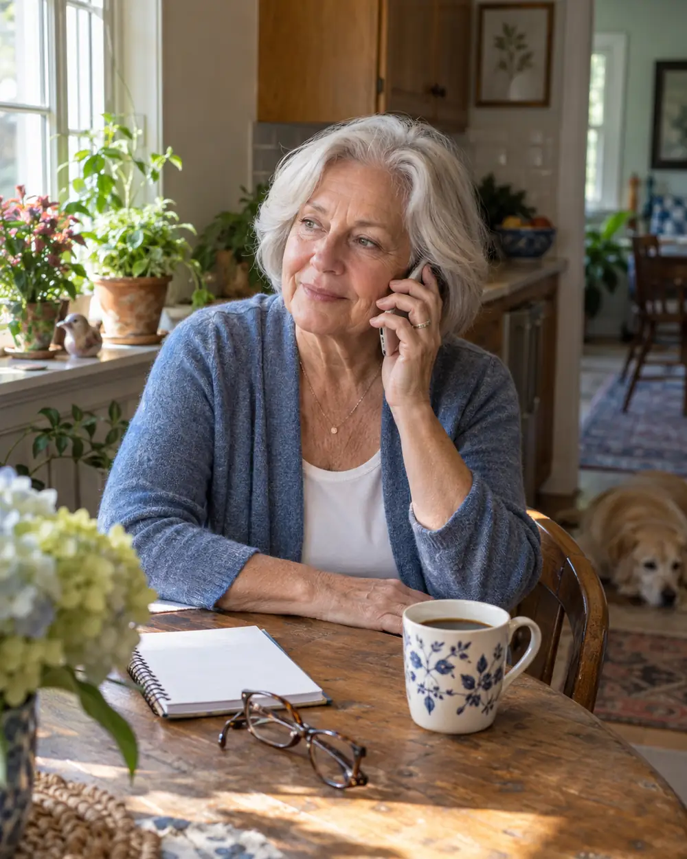 Illustrative scene: a white woman in her seventies on the phone at the kitchen table at home in Cary, North Carolina