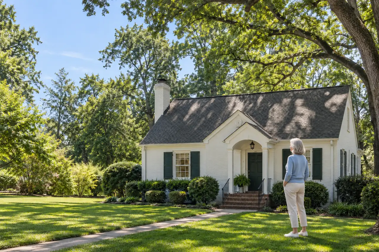 Illustrative scene: a white woman in her seventies outside their home in Chapel Hill, North Carolina