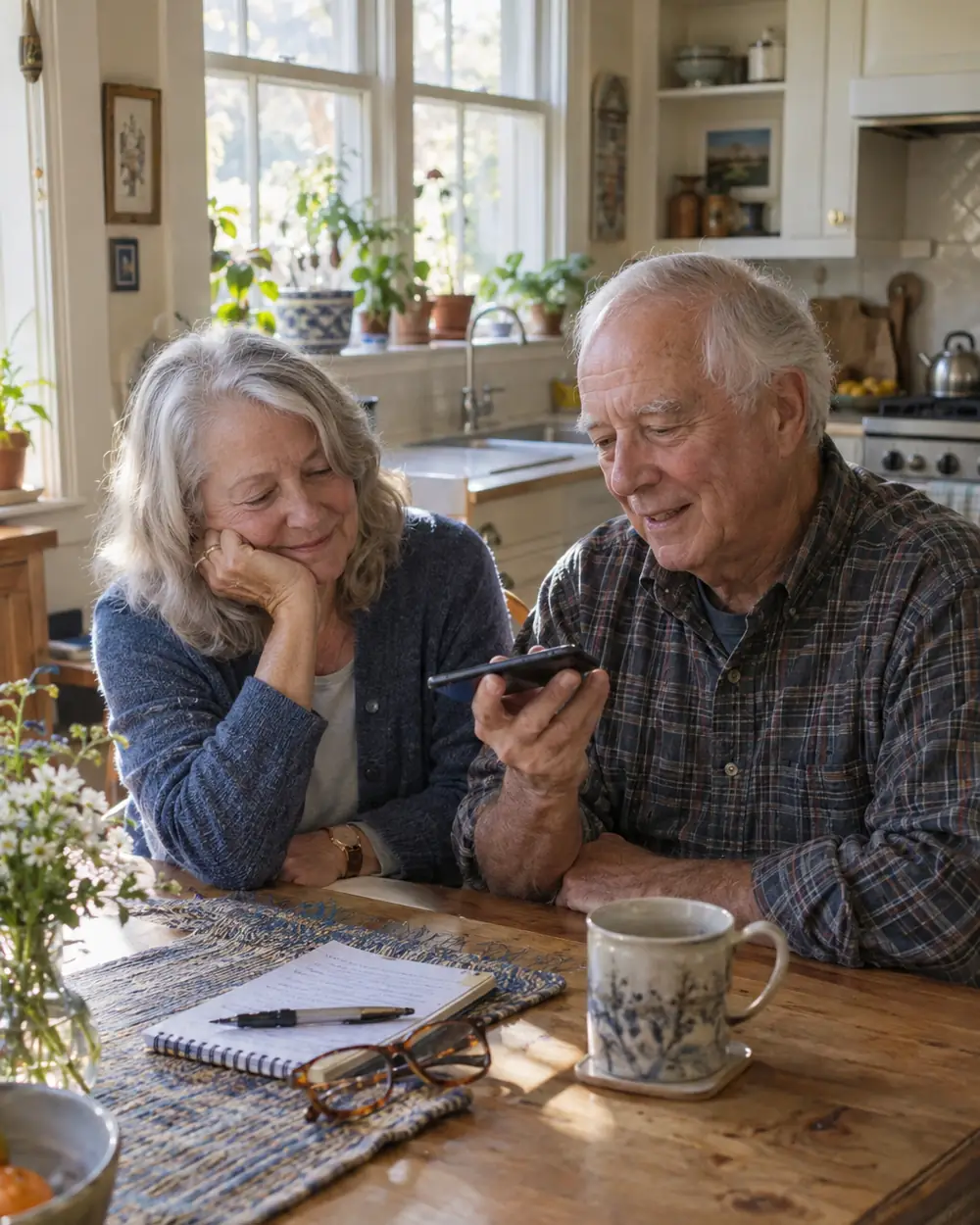 Illustrative scene: a white couple in their seventies on the phone at the kitchen table at home in Chapel Hill, North Carolina