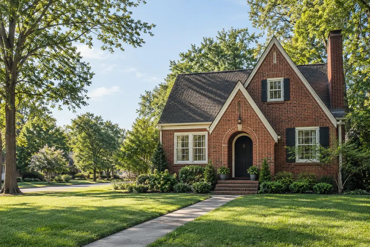 Illustrative scene: a 1930s red-brick Tudor-style cottage with a steep front gable and arched door on a tree-lined Charlotte street, North Carolina