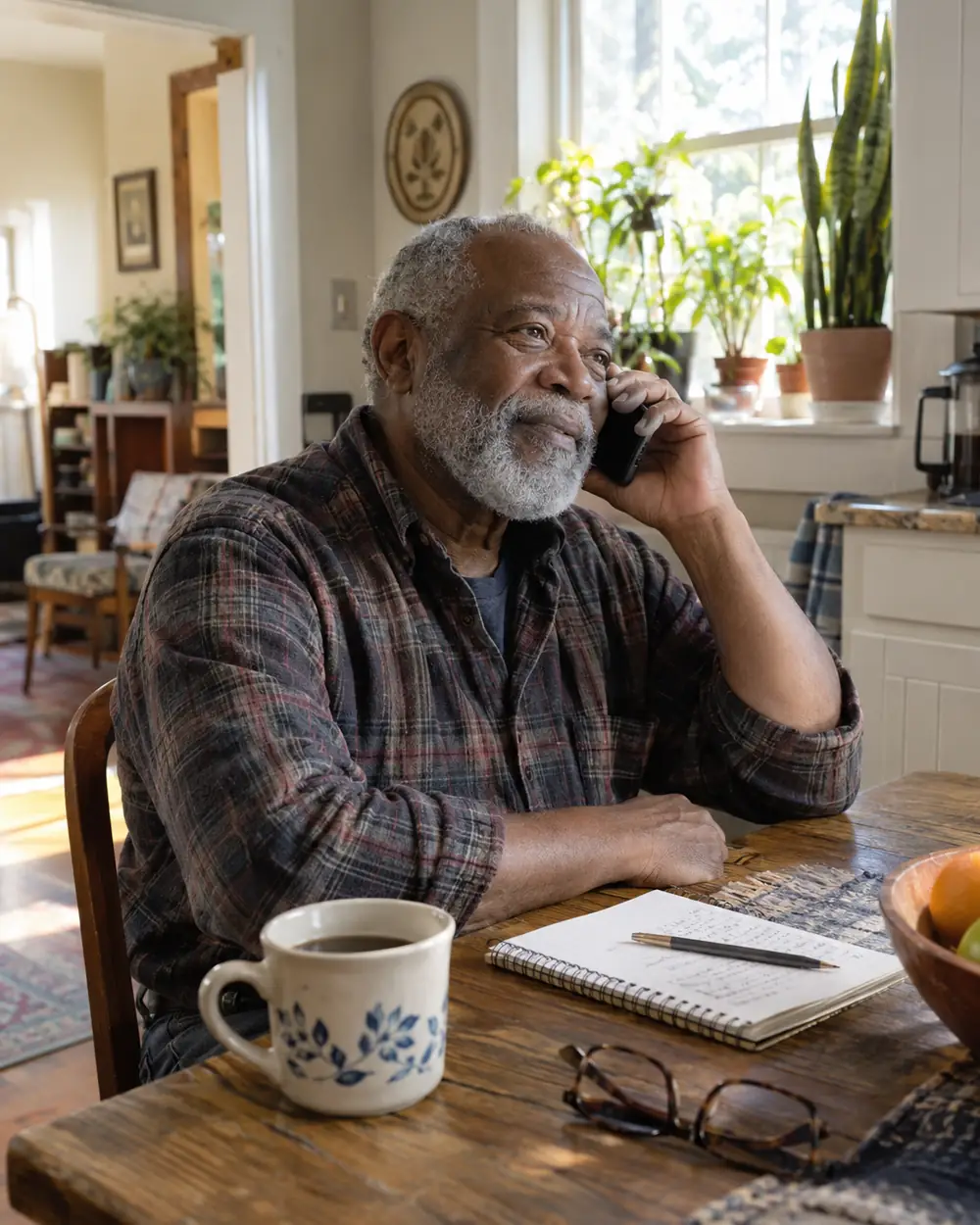 Illustrative scene: a Black man in his seventies on the phone at the kitchen table at home in Charlotte, North Carolina