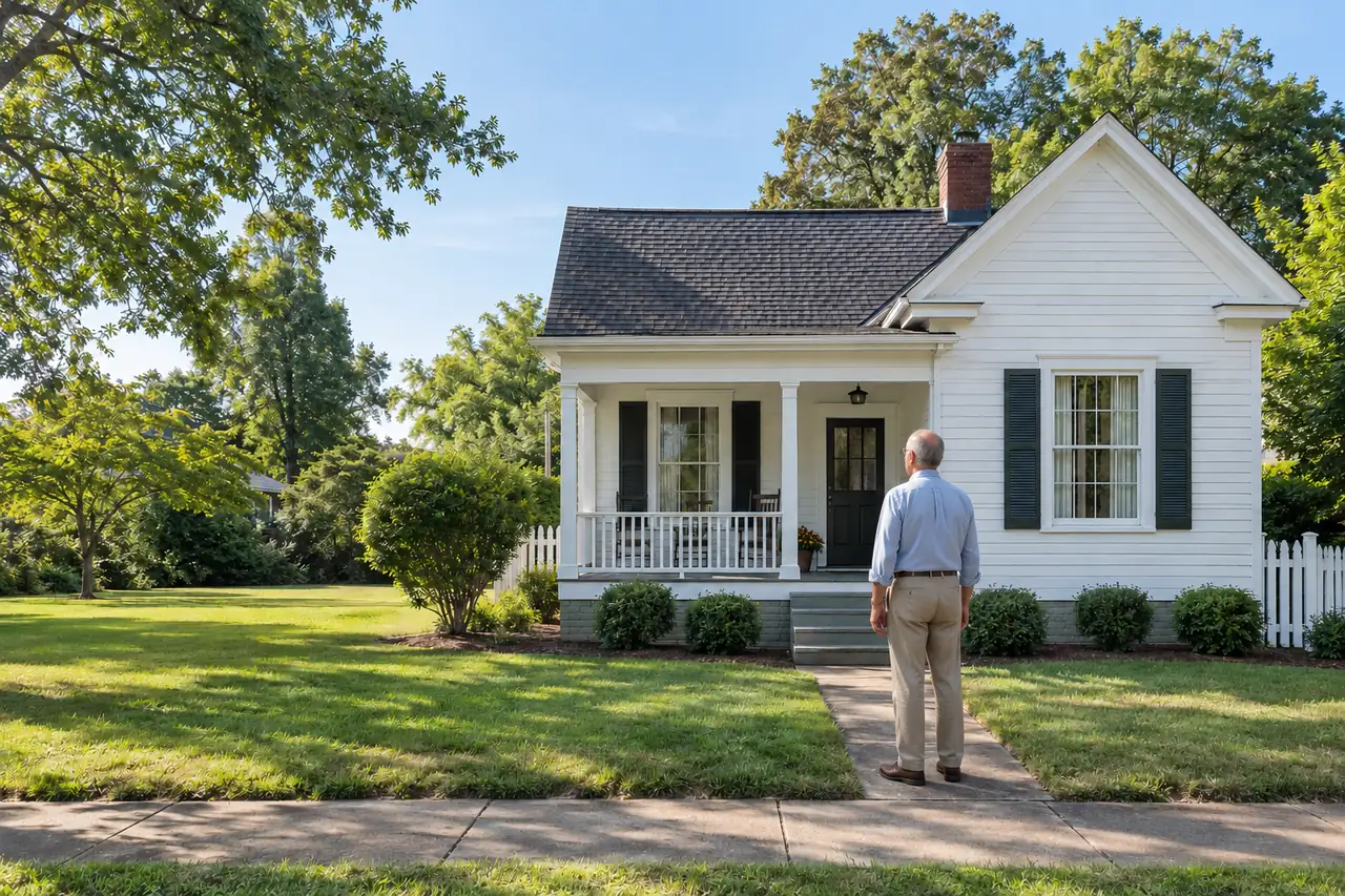 Illustrative scene: a white man in his seventies outside their home in Concord, North Carolina