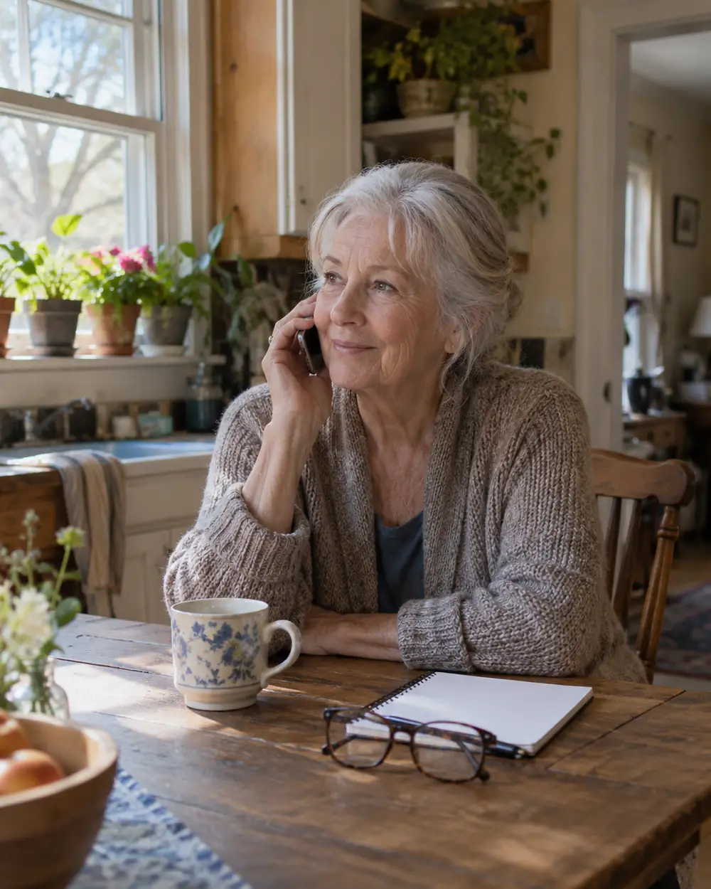 Illustrative scene: a white woman in her seventies on the phone at the kitchen table at home in Concord, North Carolina