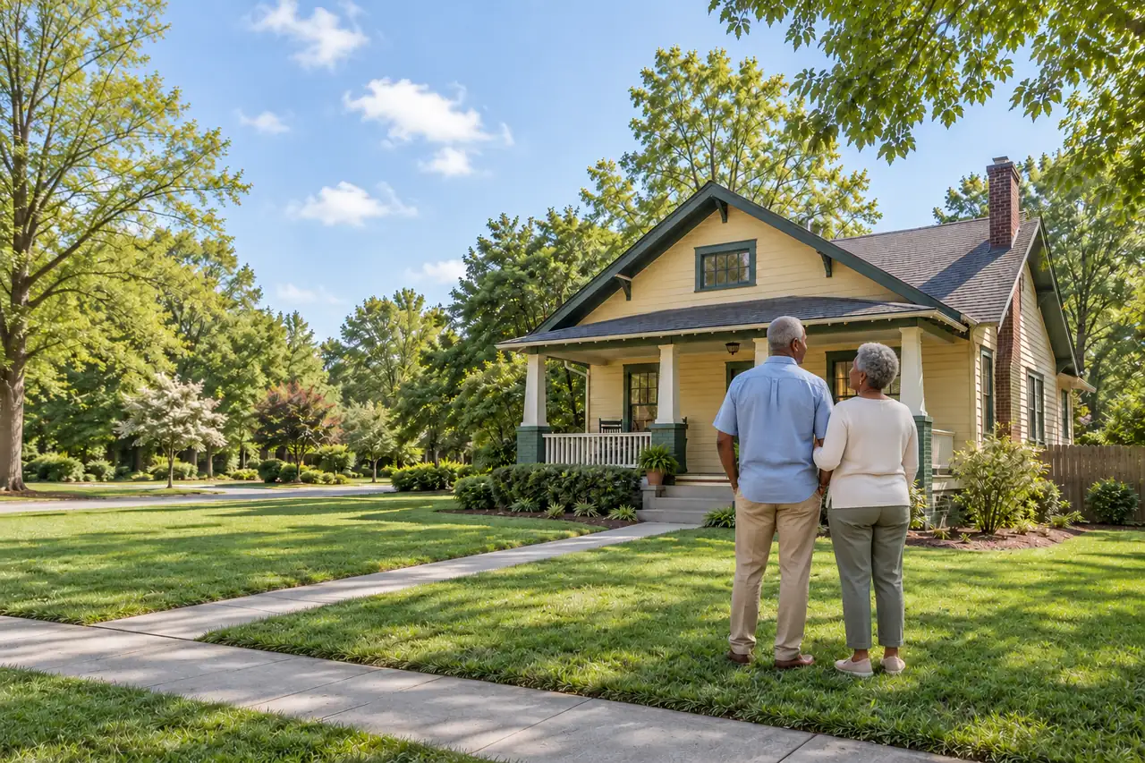 Illustrative scene: a Black couple in their late sixties outside their home in Durham, North Carolina