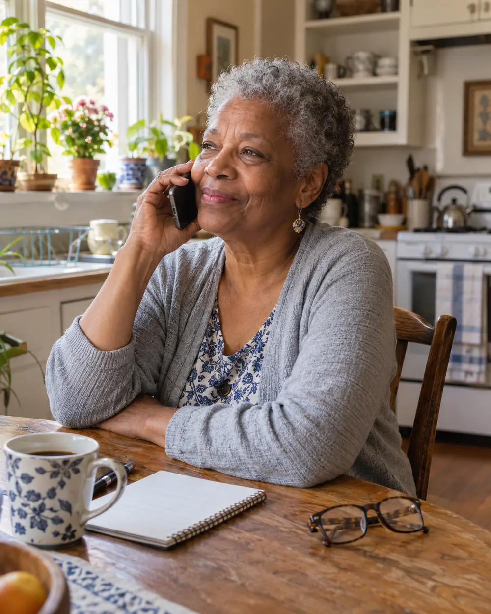 Illustrative scene: a Black woman in her seventies on the phone at the kitchen table at home in Durham, North Carolina
