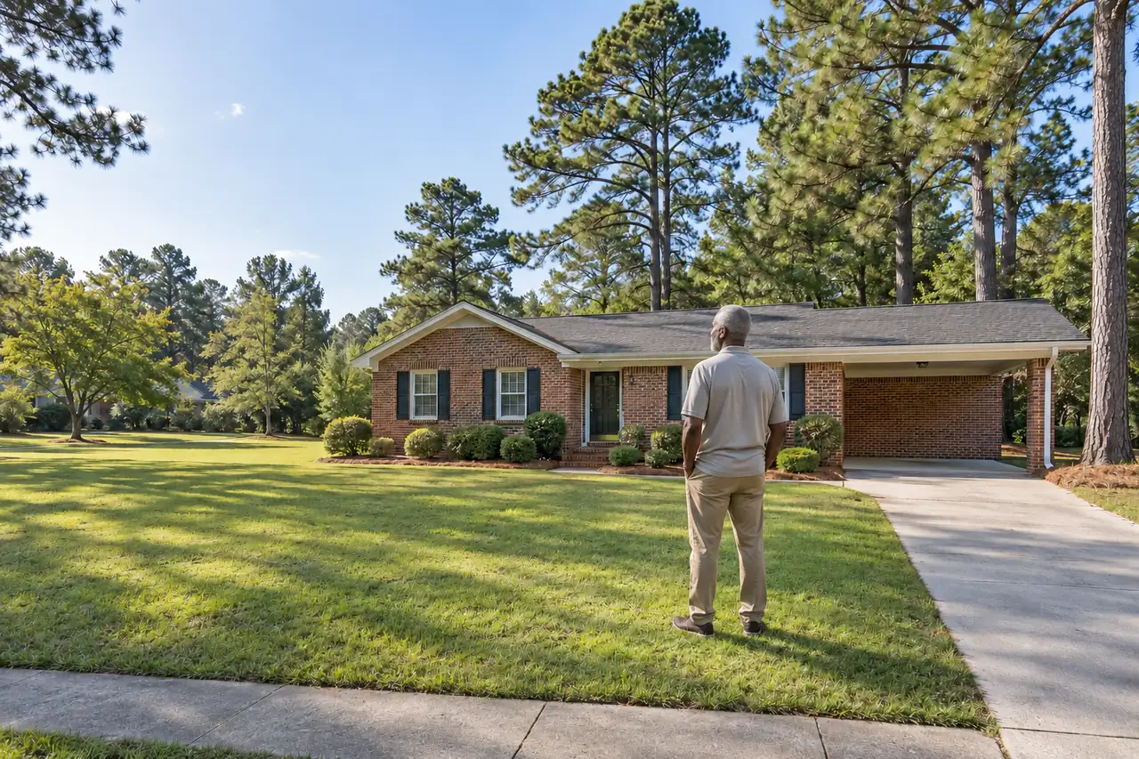 Illustrative scene: a Black man in his seventies outside their home in Fayetteville, North Carolina