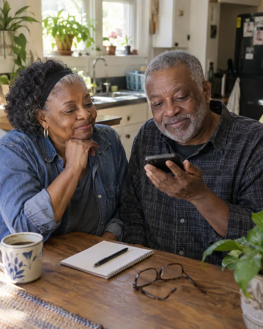 Illustrative scene: a Black couple in their late sixties on the phone at the kitchen table at home in Fayetteville, North Carolina